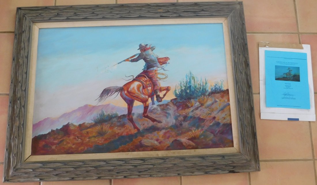 Original Oil Painting by Robert Freeman: Original Oil Painting by Robert Freeman, titled "Bushwhacked". This item is dated 1970 and measures 24x36 approximately. This is a famous listed artist who is from California and listed in "Davenport'