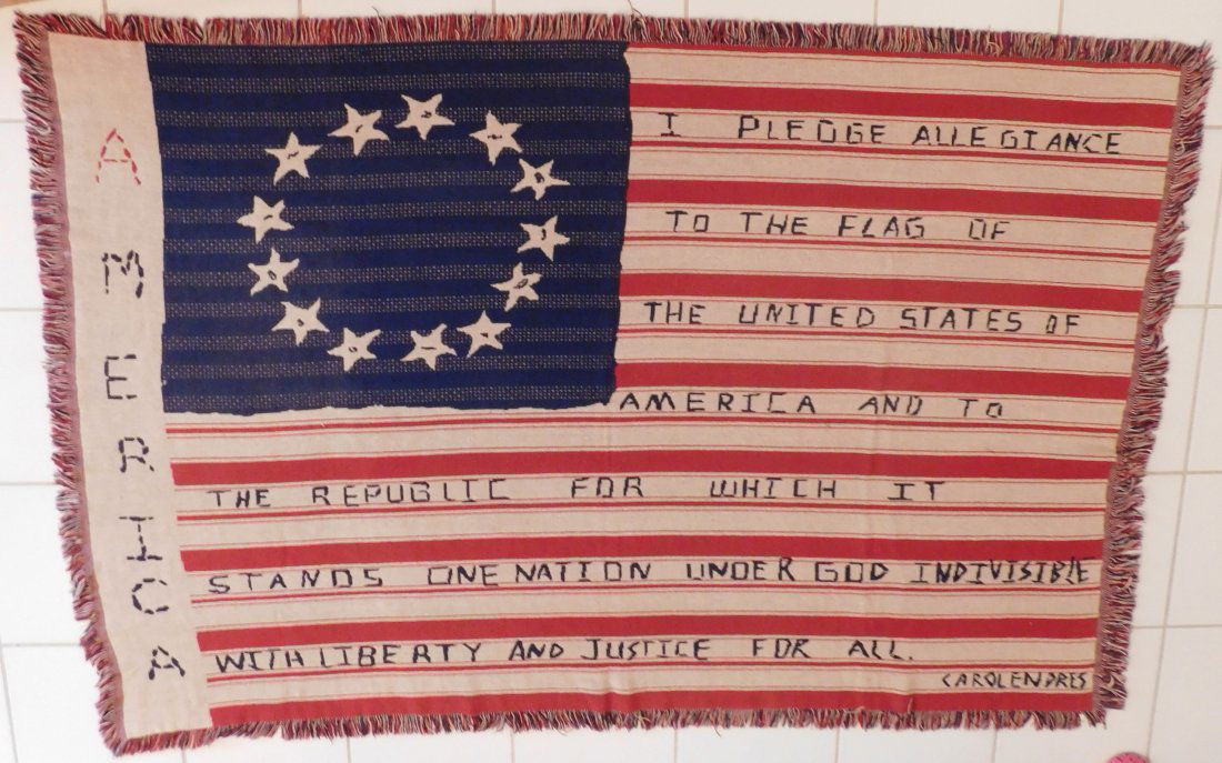 American Double Sided Weaving: Very unusual 1950's double sided weaving signed by Carol Endies. Note the red white and blue pledge of allegiance woven into the weaving. Item measures 72 x 48 inches. Condition: Good Shipping: $35.00