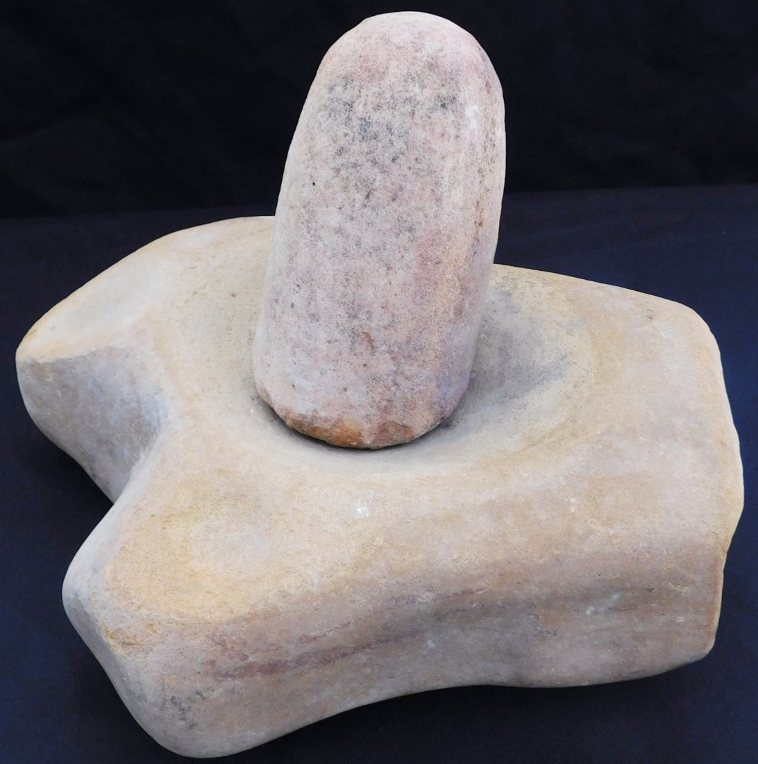 San Diego Mortar & Pestle: San Diego Mortar & Pestle, pre-historic items. Made of granite, mortar measures 10" x 9" x 3", pestle is 5" x 3". San Diego Mission Indians. Mortar has depressions on both sides. Condition: Very good,