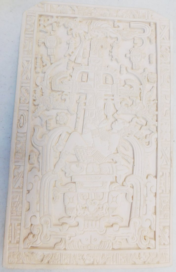 Mayan-Style Stone Plaque: Mayan-Style Stone Plaque, 20th century. Item is carved of sandstone and measures 10.25" x 6.25" x 1". From Guatemala, Central America. Heavily-carved plaque on face and edges. May glyphs all-around, h