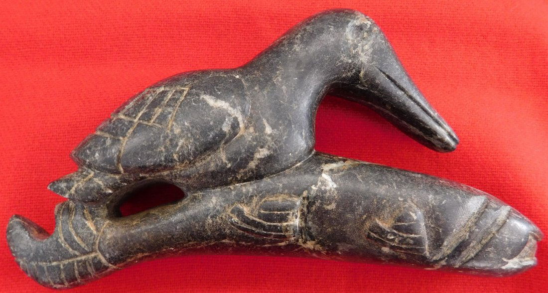 Effigy Duck & Fish Pipe: Effigy Duck & Fish Pipe, pre-historic item. Carved of steatite, this item measures 7" x 3.5" x 2". From Ross County, Ohio. Condition: Nice patina, minor scratches and scuffs, see images. Shipping: $16