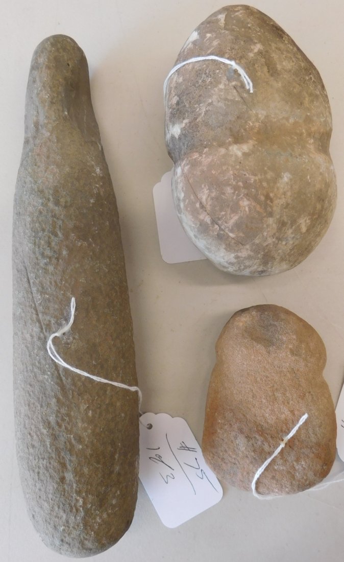 Hohokam Stone Collection: Hohokam Stone Collection, prehistoric items. Made of basalt, the pestle measures 12" x 2.5", the maul 7" x 4" and axe measures 4.5" x 3". From Tucson, Arizona. Condition: All field finds, see images. 