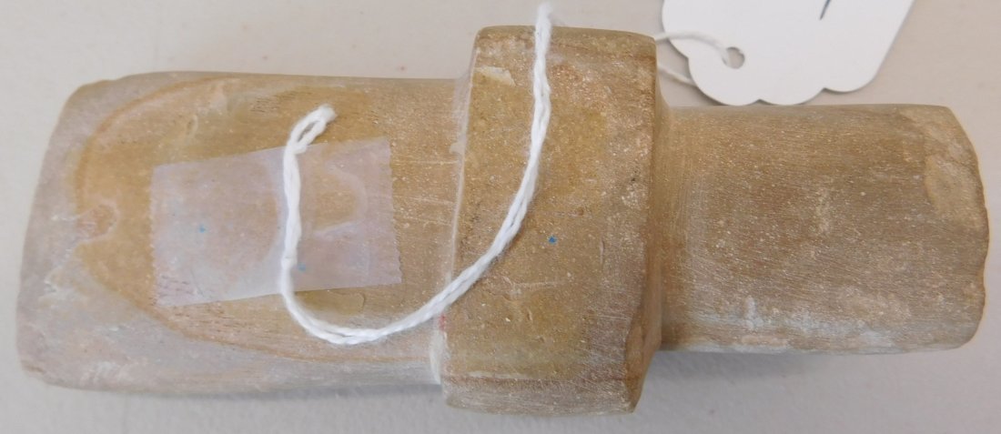 Limestone Pipe Bowl: Limestone Pipe Bowl, pre-historic item, measuring 5 x 2 x 1 inches. Believed to be from Arkansas. Condition: Good with minor chips, see images. Shipping: $15.50