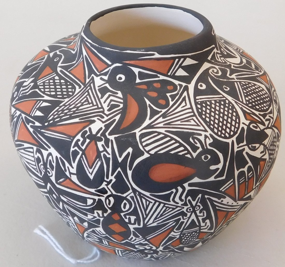B. Estevan Acoma Olla: B. Estevan Acoma Olla, circa 1990s. Made of clay and paint, this olla measures 3 1/2 x 3 1/2 inches. Acoma, New Mexico, Berleen Estevan. Condition: Good, see images. Shipping: $24.00, must be double-b