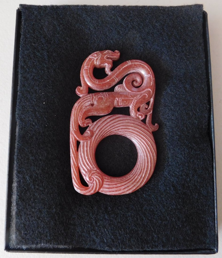 Chinese Jade Carving w/Dragon: Chinese Jade Carving w/Dragon, Ming Dynasty. Item measures 3 x 2 x 1/2 inches. Previously of the Heritage of Americas Museum, El Cajon, Calif. Frame not included. Condition: Very good, see images. Shi