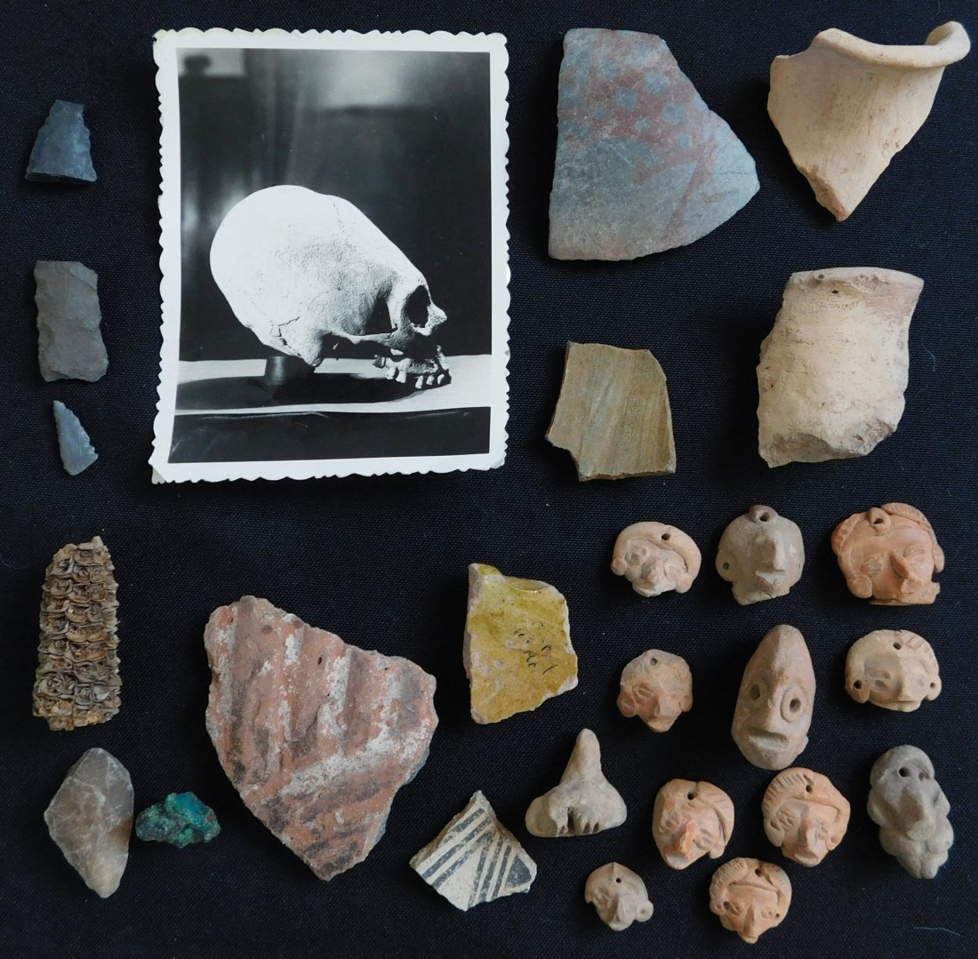 Authentic Pre-Columbian Collection: Authentic Pre-Columbian Collection, over 1000 years old. Items are made of clay, flint and stone and measure from 1" to 2.5". From Central Mexico. This lot features a very fancy stamp with bird figure