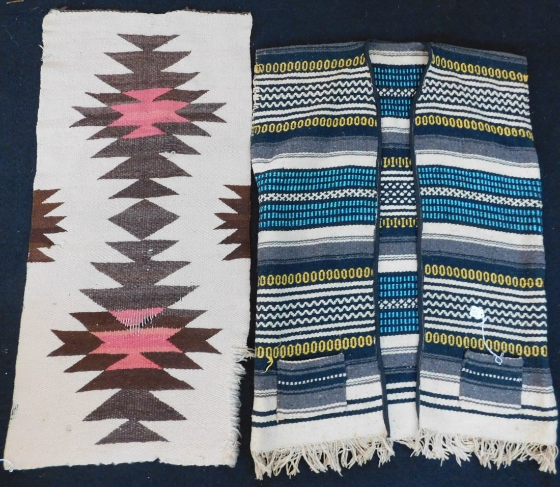Mexican Vest Weaving & Navajo Weaving: Mexican Vest Weaving & Navajo Weaving, circa 1950s. Made of wool and cotton, the vest measures 32" x 22" and the rug measures 35" x 18". From Mexico and New Mexico. Vest is a medium size. Condition: R
