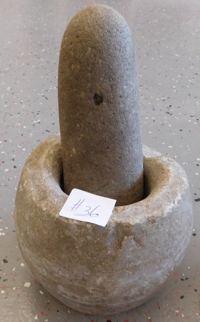 Ancient Chinese Mortar & Pestle: Ancient Chinese Mortar & Pestle, circa 1000 years old. Made of granite, mortar measures 6" x 5" and the pestle is 8" long. From China. Item used to process food. Condition: Good, chip on lip, see imag