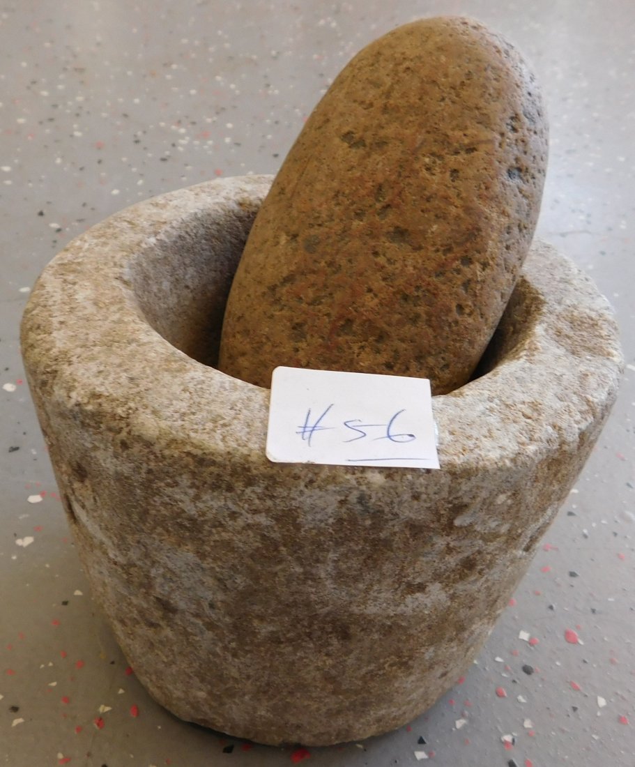 Ancient Chinese Mortar & Pestle: Ancient Chinese Mortar & Pestle, circa 1000 years old. Made of quartzite, the mortar measures 6" x 5" and the pestle is 5.5" long. From China. Item was used to process food. Condition: Good, see image