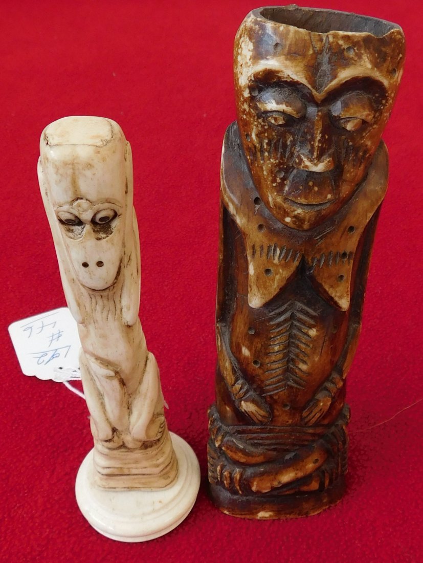 Pair of Bone Indonesian Figures: Pair of Bone Indonesian Figures, circa 1940s. Made of ox bone, these items are 6" and 7". From Indonesia. Smaller figure is erotic, possibly a monkey. Condition: Good, see images. Shipping: $23.50 w/i