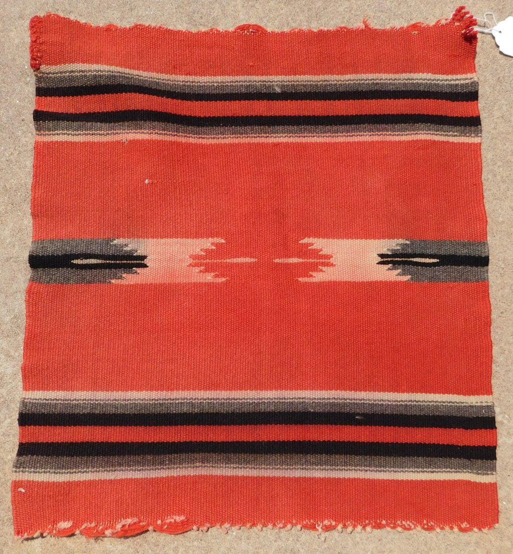 Navajo Germantown Weaving: Navajo Germantown Weaving, circa 1920s. Made of wool and measuring 20" x 18". Navajo, Santa Fe, New Mexico. Possibly a Chimayo weaving. Condition: Fair, some wear, see images. Shipping: $22.50.