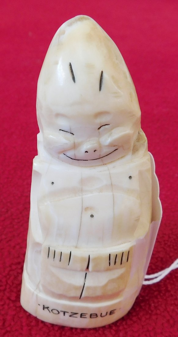 Eskimo Bone Figure: Eskimo Bone Figure, circa 1900s. Made of bone and measuring 3.5" x 1.5". Kotzebue, Alaska. Smiling figure. Condition: 1 small crack, see images. Shipping: $17.50, w/insurance.