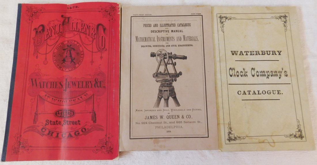 3 Clock, Watch, & Instrument Catalogs: 3 Clock, Watch, & Instrument Catalogs, dated 1877, 1879, and 1879. Made of paper, these items measure 6" x 9", 6" x 9", and 7" x 10". From Chicago, Ill. San Francisco, Calif. And Philadelphia, Penn. V
