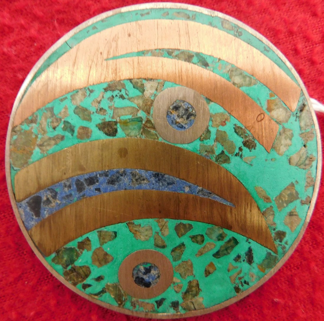 Antique Mexican Pin: Antique Mexican Pin, circa 1940s. Made of sterling silver, copper, brass and stone, the item measures 2" x 2". Taxco, Mexico. Appears to have 2 eyes and 2 beaks on this modernist pin. Weighs approx. 2