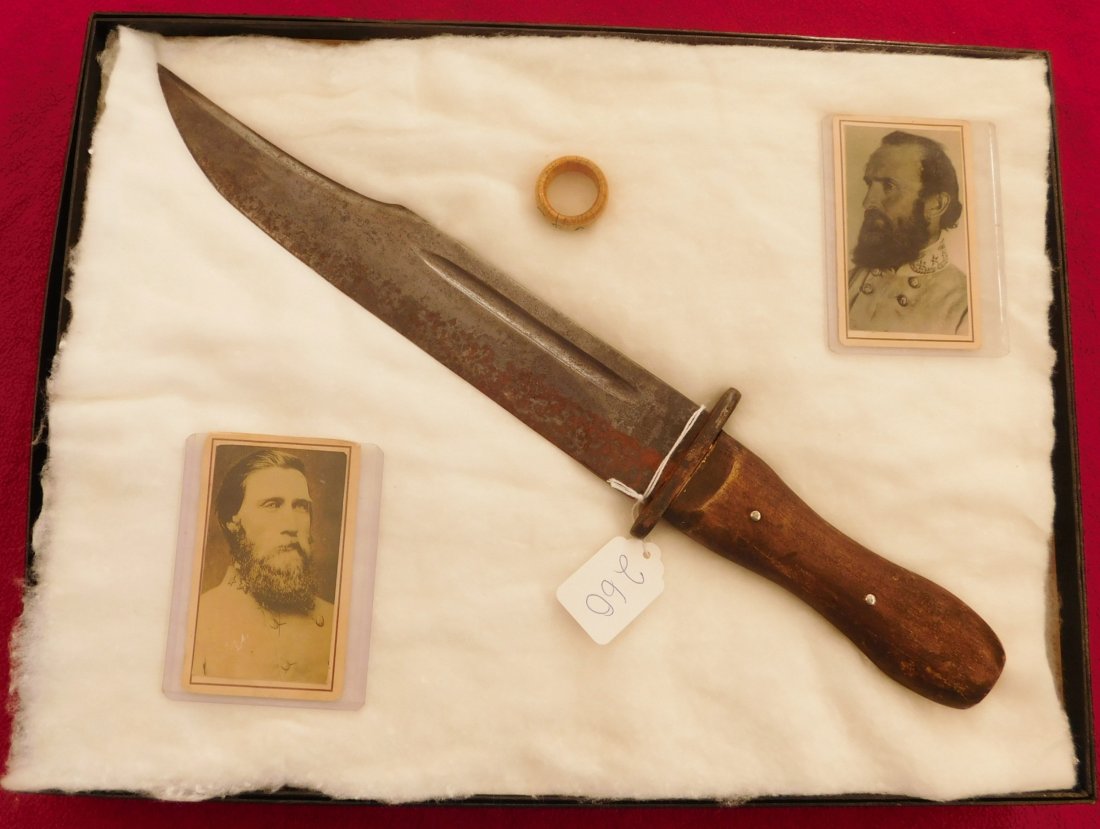 Confederate Bowie Knife w/Photos: Confederate Bowie Knife w/Photos, circa 1860s. Made of wood, steel, paper and bone, the bowie measures approx. 16" x 2" x 1". Bowie reads "Texas 16" on blade. 2 vintage pictures of CSA generals. Also