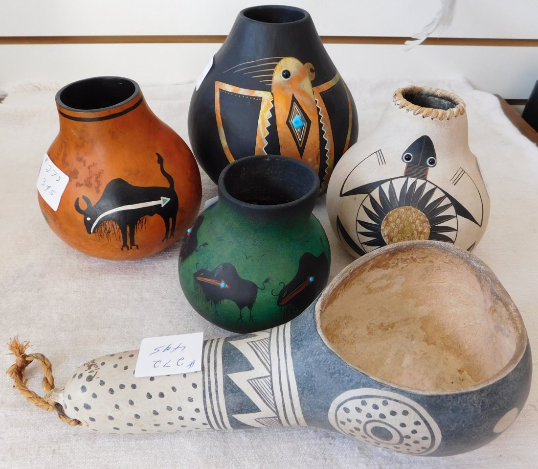 Painted Gourds: Painted Gourds, modern items. Made of gourd and paint, items measures from 4" to 9". From New Mexico, all are signed. Finely painted gourds by Native Americans. Condition: Very good, see images. Shipp