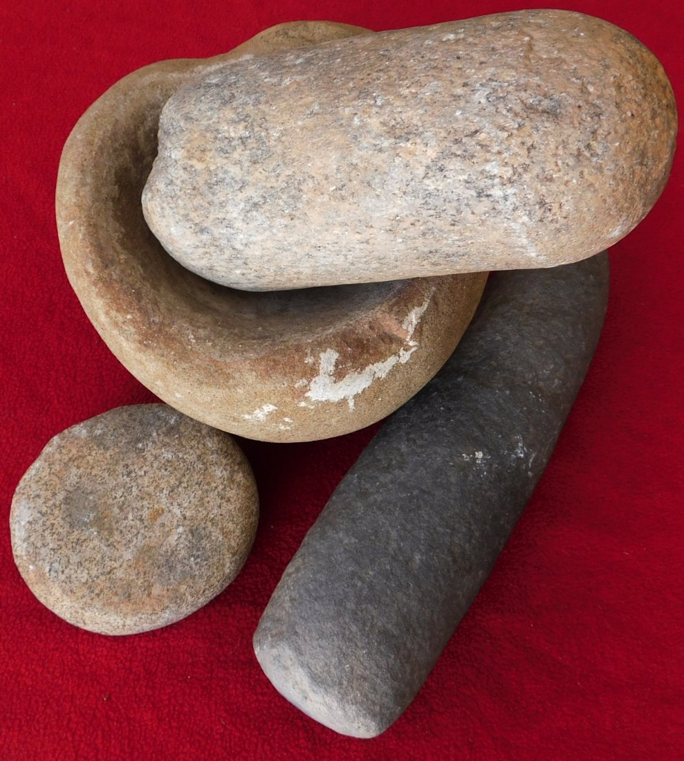 San Diego County Stone Artifacts: San Diego County Stone Artifacts, pre-historic items. Made of sandstone and granite, the mortar measures 7" x 6.5" x 5", the pestle measures 7.5" x 3.5" x 3", additional pestle is 9.5" x 3" x 3" and d