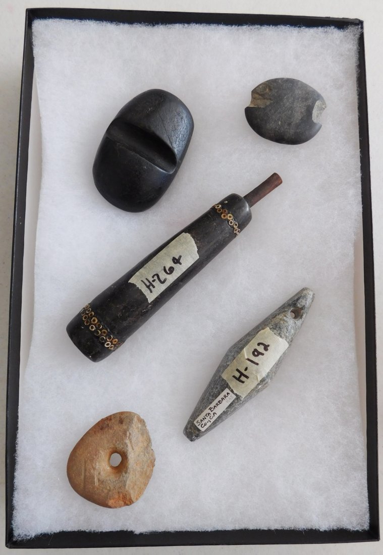 Chumash California Stone Collection: Chumash California Stone Collection, pre-historic items. Made of steatite, sandstone, shell inlay and a bird-bone mouthpiece on pipe. Plummet stone measures 4.5" x 1.25" x 1", pipe is 6" x 1.25" x 1.2