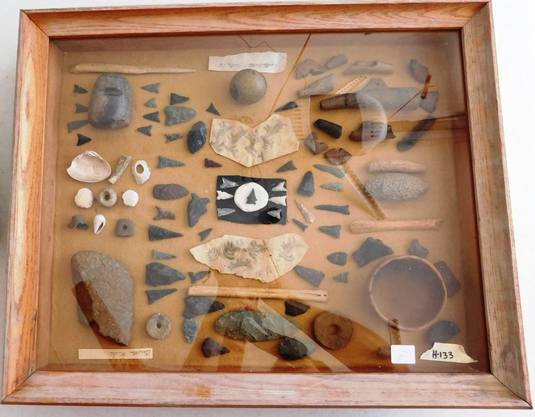 Large Collection of San Diego County Artifacts: Large Collection of San Diego County Artifacts, pre-historic items. Made of flint, bone, clay, granite and shell, this frame measures 15.5" x 19.5". Mission Indian, Santee, Carlton Hills, San Diego Co
