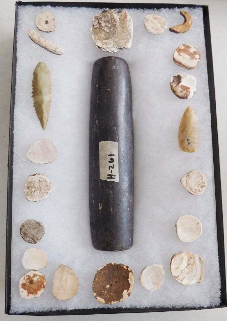 Chumash Collection: Chumash Collection, pre-historic items. Made of steatite, flint and shell, the pipe measures 7.5" long. From Santa Barbara County, Calif. Frame not included. Condition: As found, see images. Shipping: