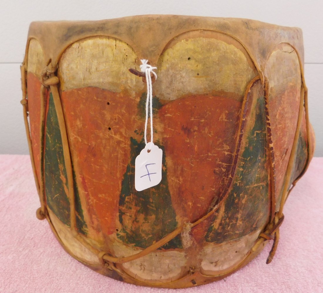 Cochiti Drum: Cochiti Drum, circa 1920s. Made of leather, cottonwood and paint, the item measures 9.5" x 9" x 8". From Santa Fe, New Mexico. Condition: Nice, good patina, see images. Shipping: $26.50 w/insurance an