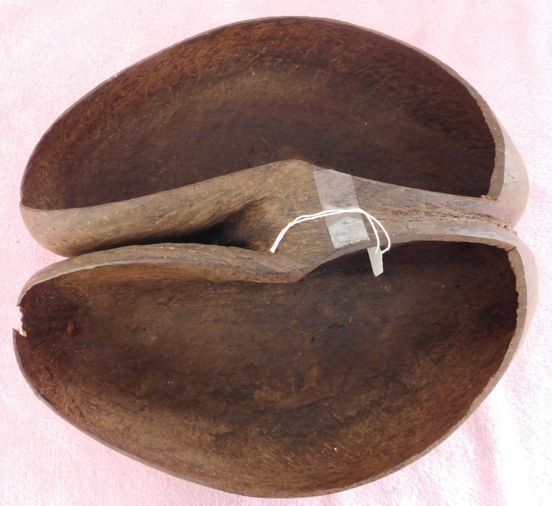 Seychelles Giant Double Coconut Polynesian Canoe Bailer: Seychelles Giant Double Coconut Polynesian Canoe Bailer w/Helm COA, circa 1900. Made of a giant double coconut shell, also known as a sea coconut or lodoicea, the item measures 12" x 14" x 6.5". Polyn