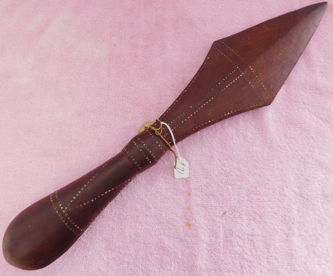 Old Polynesian War Club w/Helm COA: Old Polynesian War Club, circa WWII. Made of hardwood, the item is 23.5" long x 5". Probably Tonga. Nice polish, good shape, from an author's collection. Ex. Maslyn Williams, author of Stone Age Islan