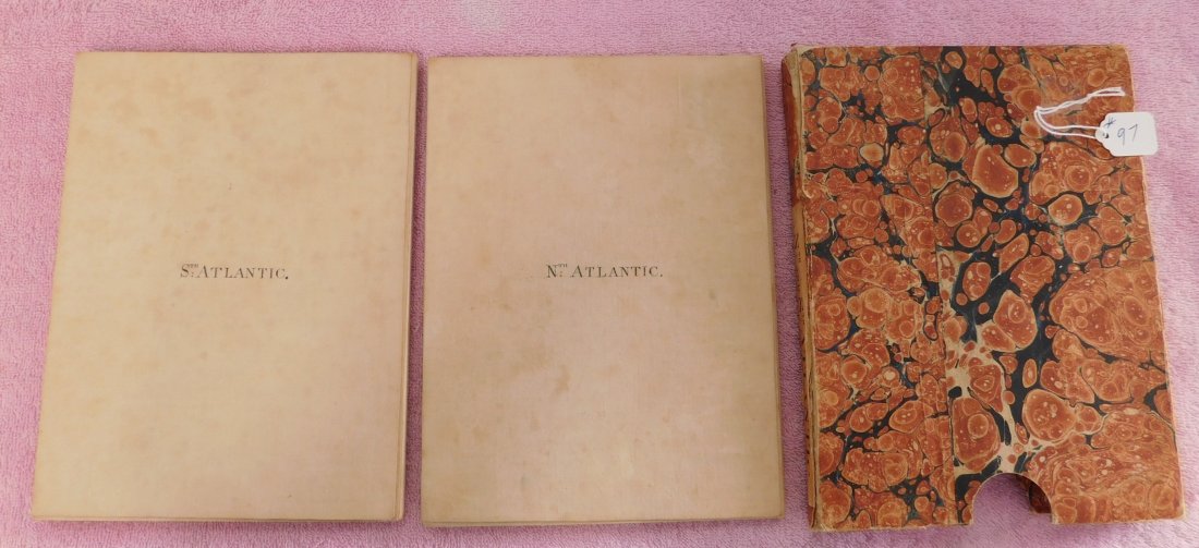 Rare English Maps of the North & South Atlantic: Rare English Maps of the North & South Atlantic, 1805 & 1807. Made of paper and possibly cloth, the items fold up to fit in its case measuring 8.5" x 6.5" x 1". From England. Very rare maps detailing 