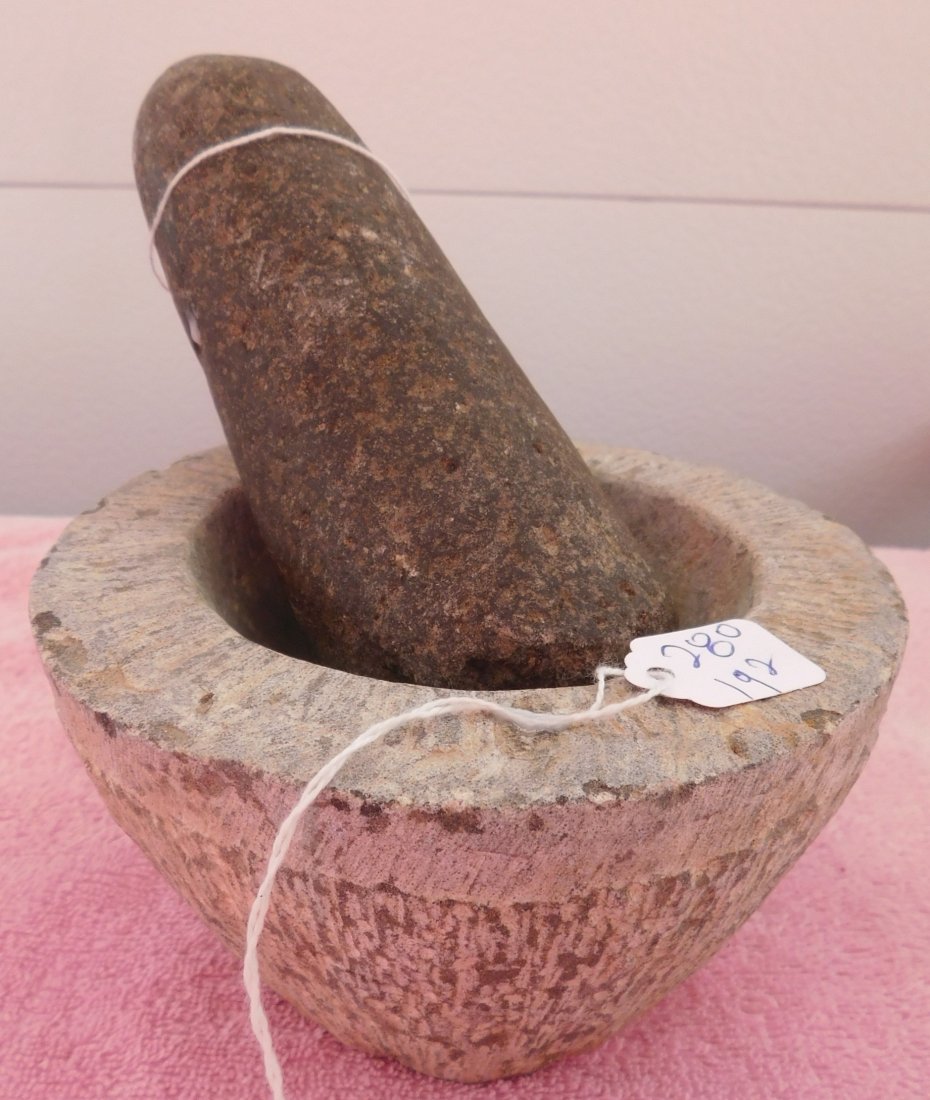 Chinese Mortar & Pestle: Chinese Mortar & Pestle, Ming Dynasty item. Made of basalt, the mortar measures 6" x 6" x 3" and the pestle is 6" x 2.5". Central China. Nice mortar and pestle pair. Condition: Good, see images. Shipp