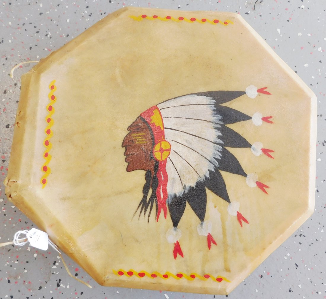 Native American Drum: Native American Drum, circa 1940s. Made of wood, rawhide and paint, the item is 13.5" x 13.5" x 4". From Oklahoma. Nice painting on drum. Condition: Some strings broken, see images. Shipping: $30.00 w