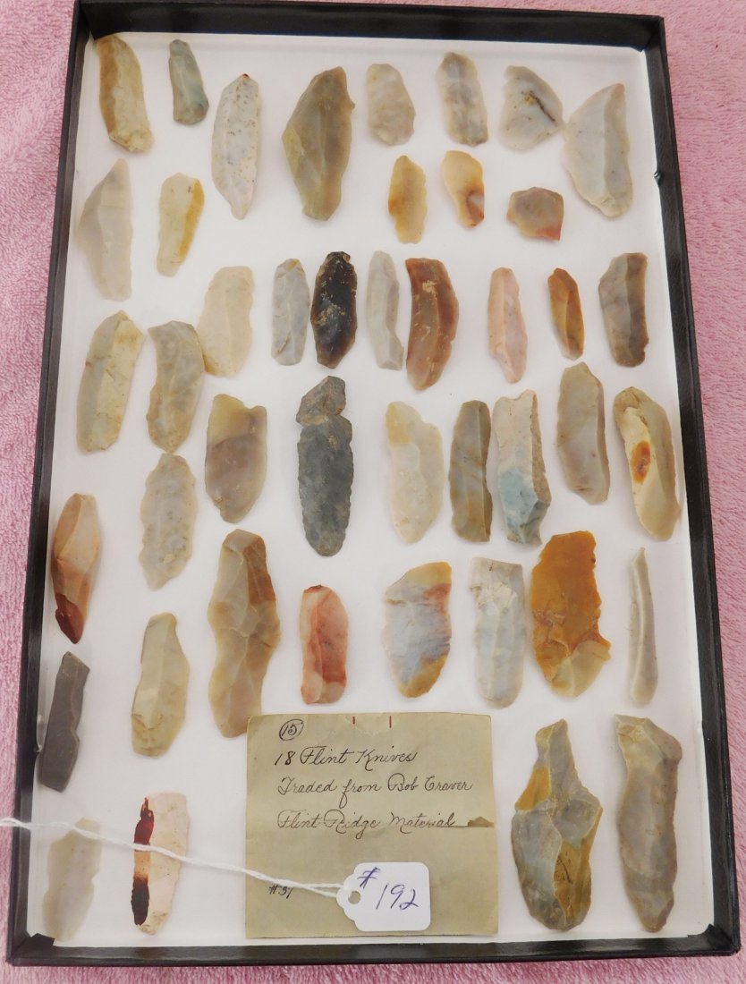 Frame of Hopewell Flake Knives: Frame of Hopewell Flake Knives, circa 2000 years old. Made of flint ridge flint, the items are 2" to 3" each in length. Hopewell culture, central Ohio. Classic flake knives from an old Ohio collection