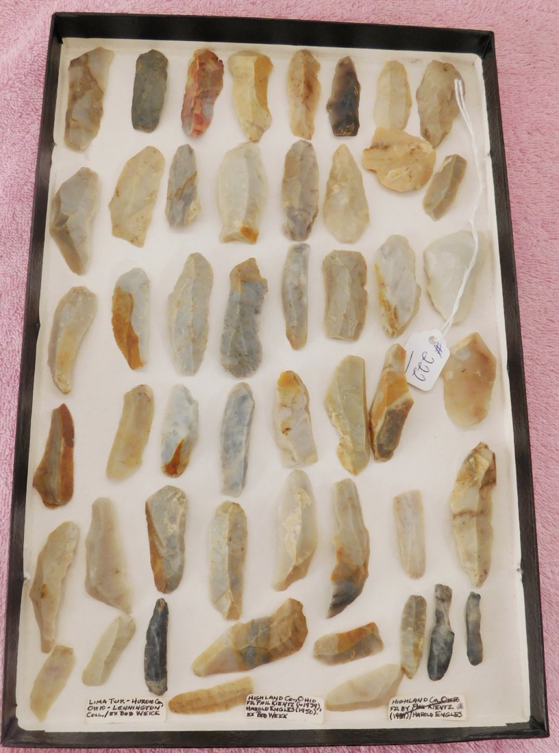 Frame of Hopewell Flake Knives: Frame of Hopewell Flake Knives, circa 2000 years old. Made of flint ridge flint, the items are 2" to 3" each in length. Hopewell culture, central Ohio. Classic flake knives from an old Ohio collection