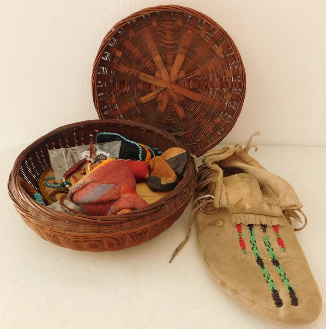 Misc. Old Indian Beadwork: Misc. Old Indian Beadwork, 1890s to 1940s. Made of leather, glass peads and paint, the basket is 9" x 9" x 3.5" and the moccasin is 10" x 5" x 2". Plateau, Plains & Woodland. Many souvenir items, too