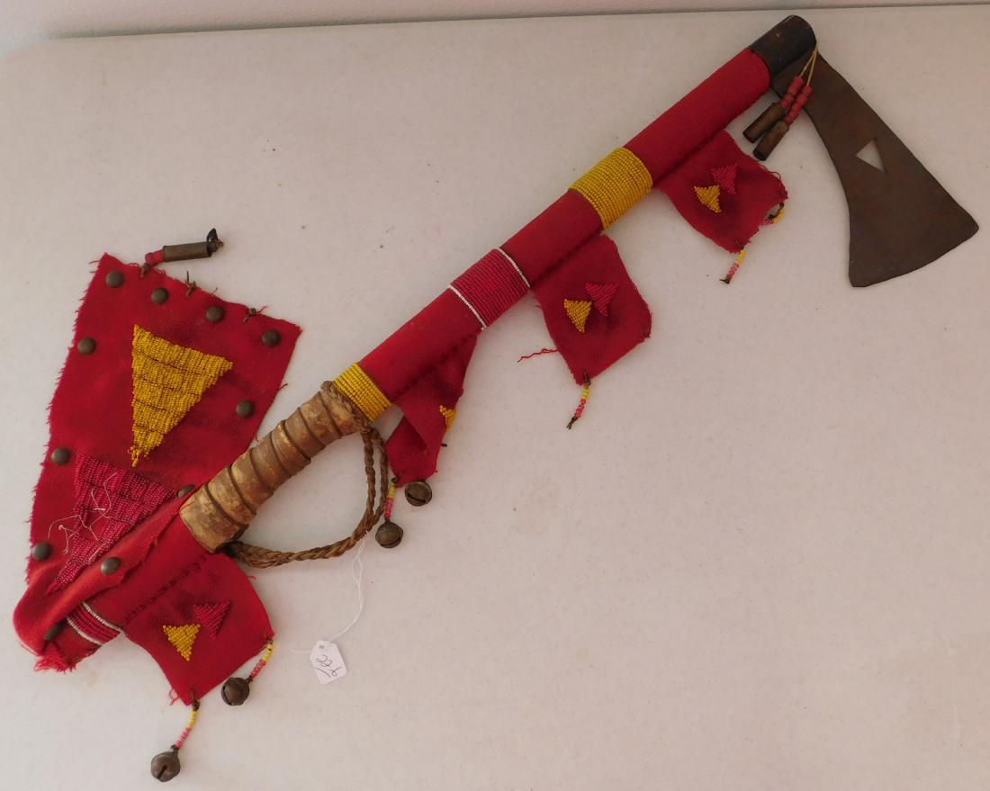 Large Missouri War Axe: Large Missouri War Axe, early 20th century. Made of cloth, glass, wood and steel, the item is 27" x 8.5" x 1.5". Missouri, USA. Nice display item. Condition: $45.00, USA estimate only, due to size and
