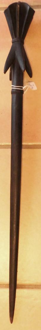 Polynesian War Club w/Helm COA: Polynesian War Club, circa WWII. Made of ebony-like hardwood, the item is 26.5" x 2.5" x 2.5". New Britain. Fancy carving with an unusual striking area. Ex. Maslyn Williams, author of Stone Age Island