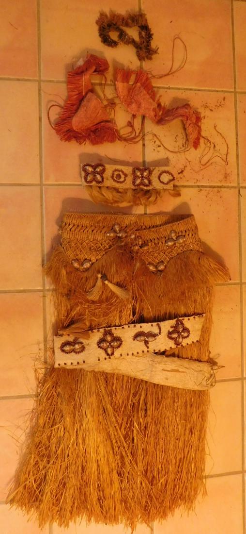 Polynesian Grass Skirt w/Helm COA: Polynesian Grass Skirt, circa 1940s. Made of grass, shell and bark, the item is 16" wide x 35" long as photographed. Tonga. Ex. Maslyn Williams, author of Stone Age Island. Helm Certificate of Authent