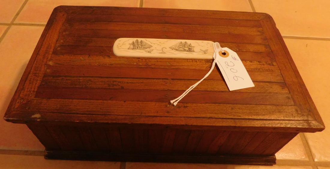 Captain's Scrimshaw Wood Chest: Captain's Scrimshaw Wood Chest, circa 1920s. Made of wood and bone, the item is 8.5" x 14.5" x 5.5". Nice little sea chest. Condition: Good, see images. Shipping: $32.50, due to size and weight, w/ins
