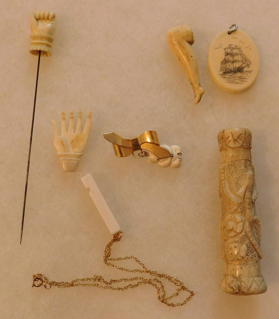7 Pieces of Alaskan Antique Jewelry: 7 Pieces of Alaskan Antique Jewelry, Victorian era. Made of bone, gold and iron, the items are 1.5" to 6" long. Alaska. Very fine work on these items. Condition: Good, see images. Shipping: $22.00 w/i