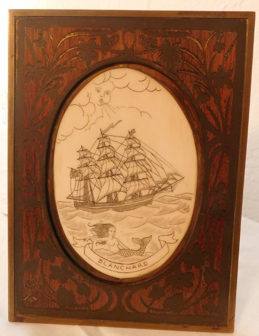 Scrimshaw Plaque of Ship: Scrimshaw Plaque of Ship, circa 1890s. Made of wood and bone, the item is 5.5" x 7.5" x 0.75". Alaska. Nice artwork. Condition: Good, see images. Shipping: $22.50 w/insurance and signature.