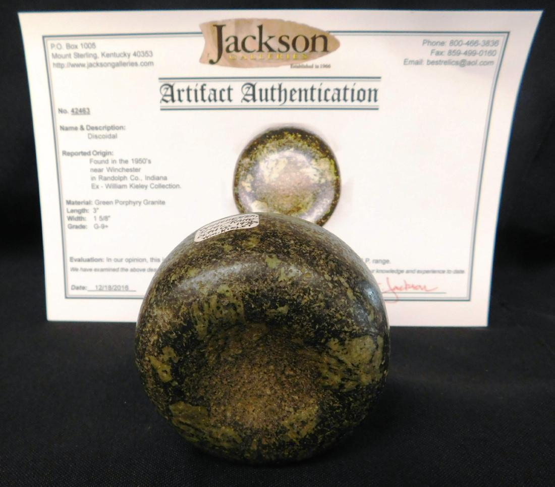 Green & Black Discoidal w/Jackson COA: Green & Black Discoidal w/Jackson COA, circa 2000 yrs B.P. Made of green porphyry granite, the item is 3" x 1 5/8". Randolph County, Indiana. Investment quality discoidal, very nice polish. Condition: