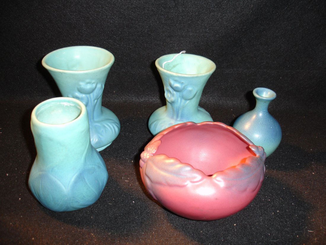 5 Van Briggle Pottery Pieces: 5 Van Briggle pottery pieces including mulberry, largest 5”h