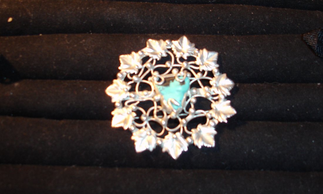 Mary Gage Sterling & Turqoise Pin: nice Mary Gage sterling and turqoise brooch, marked, 2 1/4”D, 15grams