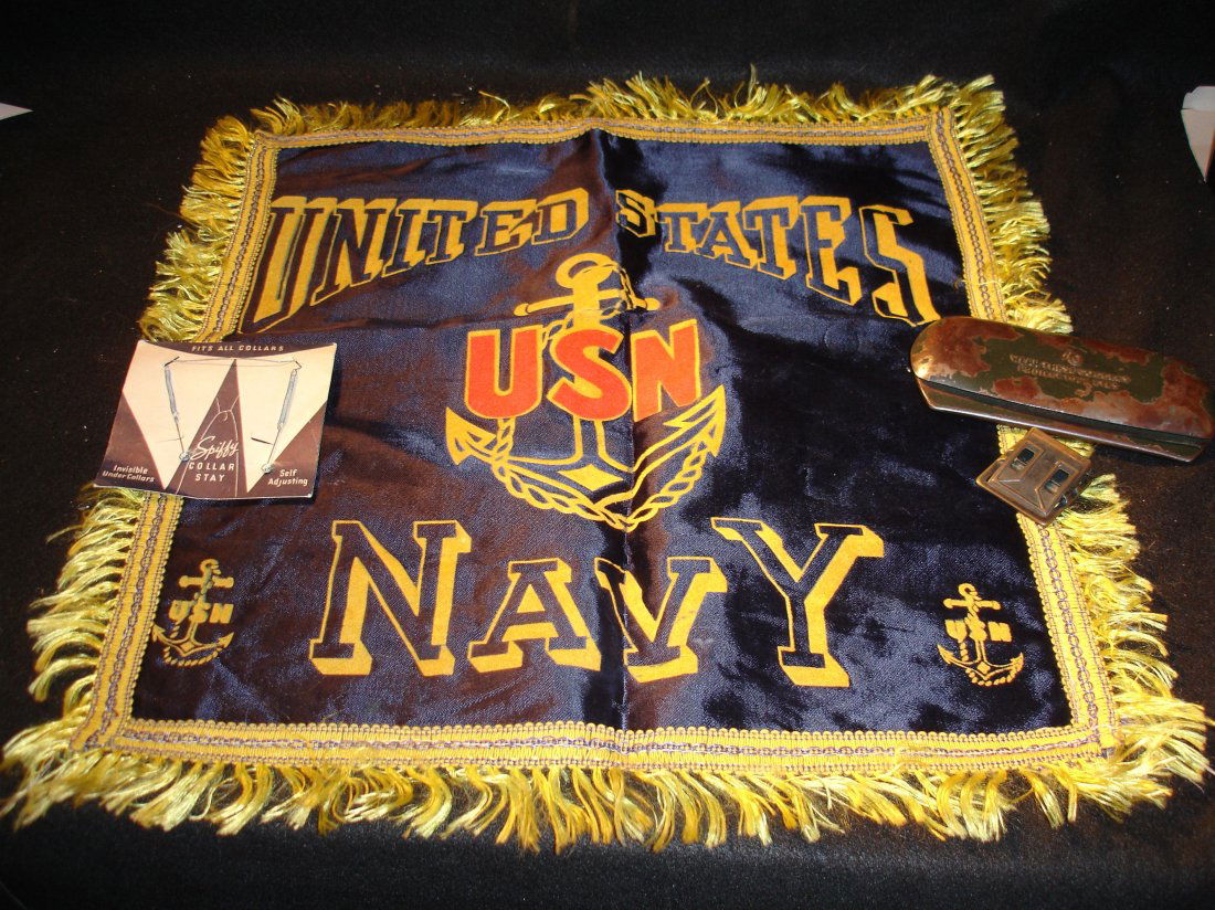 Naval Embroidery & Misc: nice naval embroidery (19"x19") along with old glasses case, buckle etc