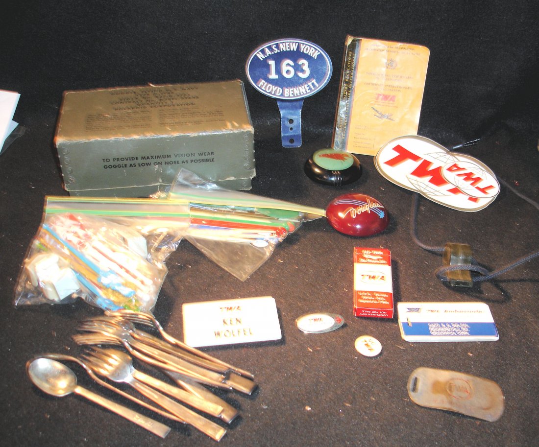 Misc TWA lot Retired Air Force Pilot: misc lot of TWA items from the KGW estate, retired military pilots often went into commecial activity, includes swizzle sticks, silverware, military whistle, the box has ephemera in it, good asst lot