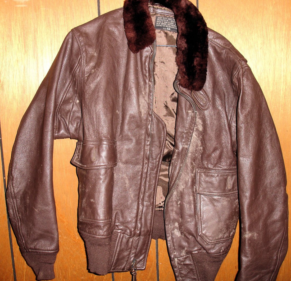 US Navy Leather Bomber Jacket: Vietnam era or little earlier, jacket, flying mans type G 1 Bureau of Naval Weapons Ralph Edwards Sportswear sz44 KGW estate