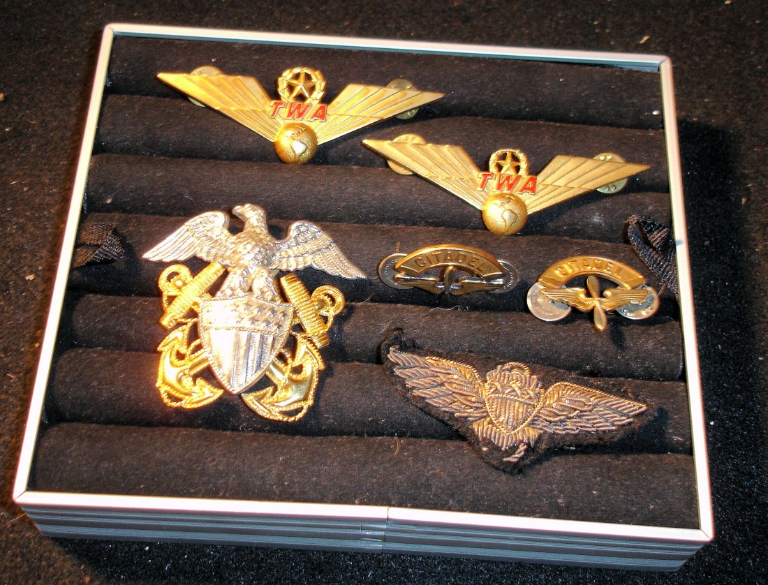 Air Force, Citadel Collar Tabs Hat Pins: good grouping of tabs from Air Force, The Citadel and TWA along with AF patch- TWA pieces marked 1/20 10K GF KGW estate