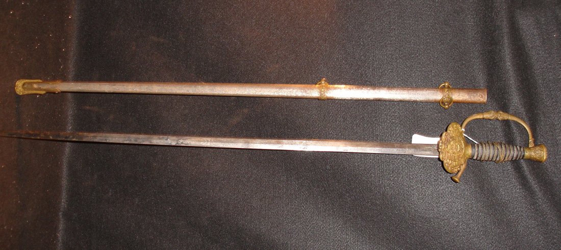 G.W. Simmons Civil War Era Sword & Scabbard: GW Simmons Civil War era sword, engraved, brass guard, includes scabbard 35"L