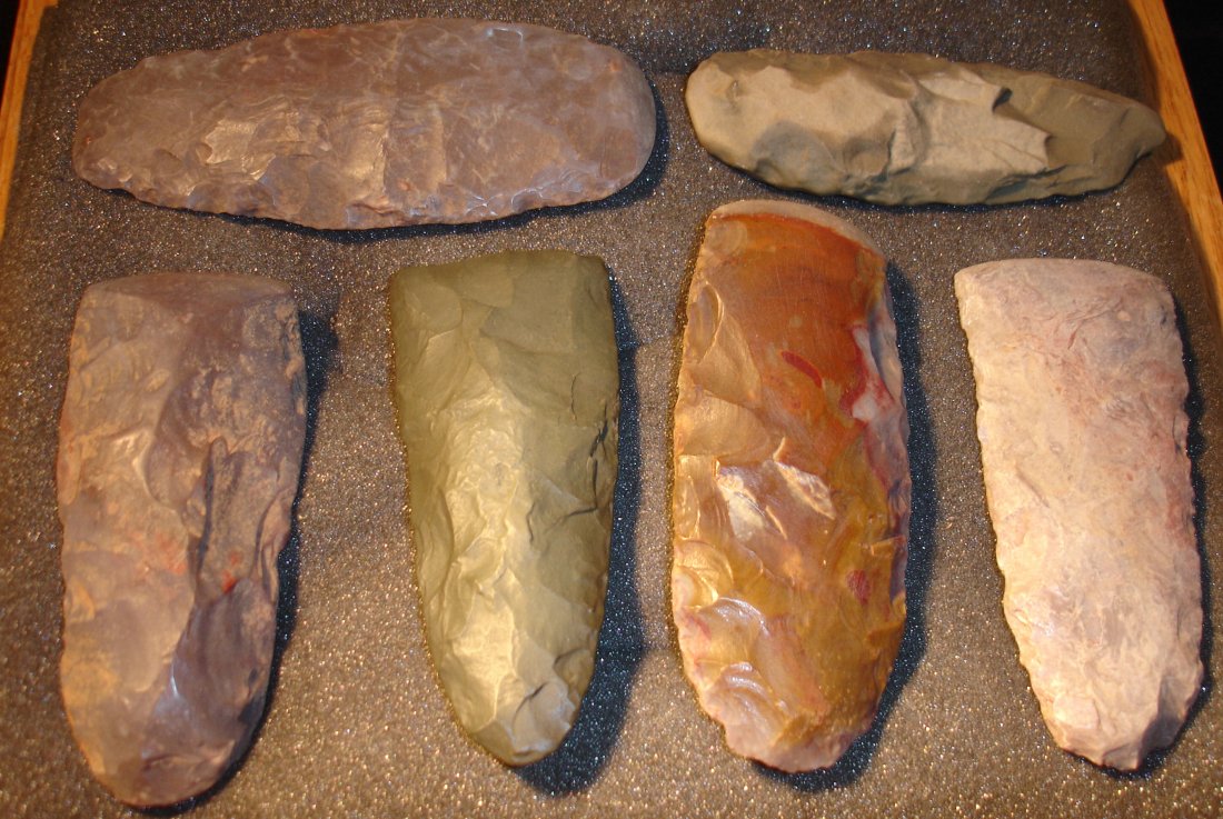 6 Stone Celts, Adz, tools: 6 stone celts, tools, longest 5 1/2”, origin & age unkown, possible repro?