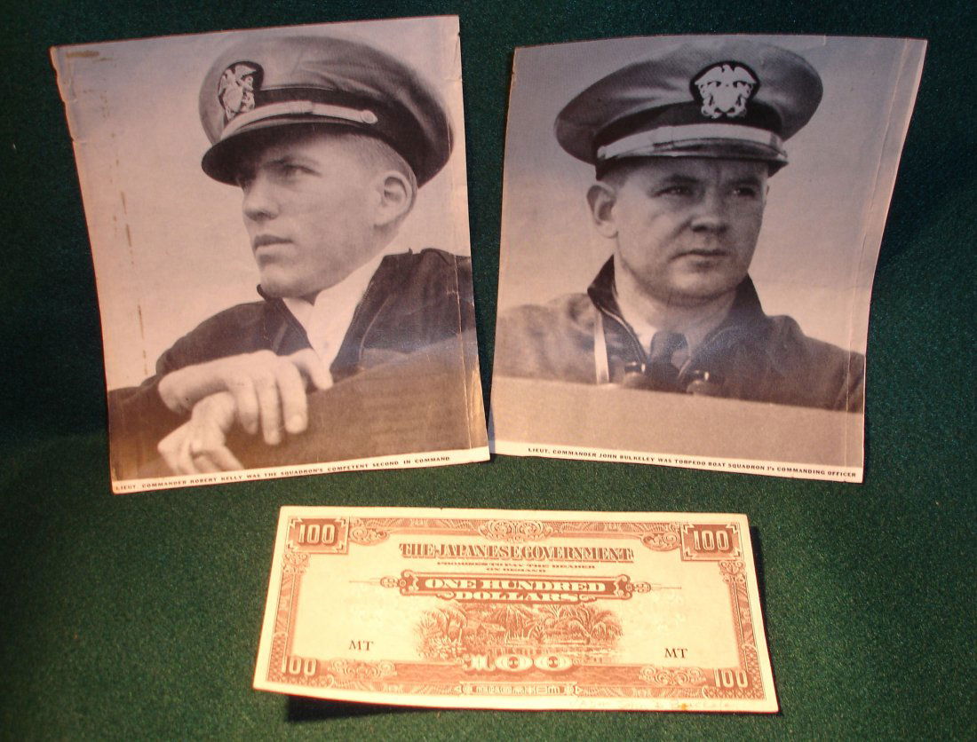 John D. Bulkely Signed Japanese Occupation Note: US Japanese Occupation note signed by Vice Admiral John D. Bulkely along with a photo of Bulkely & Robert Kelly