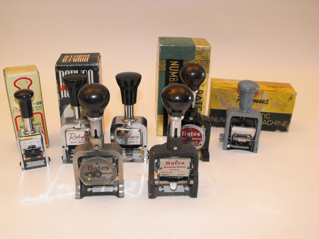 044: Seven Numbering Machines: Lot of seven vintage numbering machines, Bates, Robyco, Faymus etc.